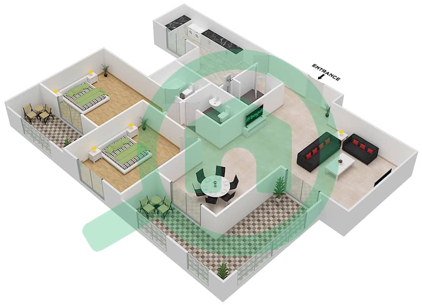 Al Khail Heights - 2 Bedroom Apartment Type B Floor plan interactive3D