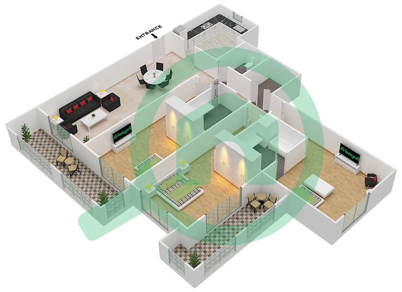 阿尔凯尔山庄 - 3 卧室公寓类型C戶型图 interactive3D