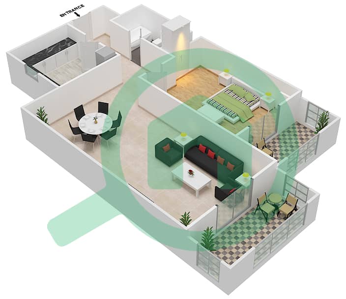 Al Khail Heights - 1 Bedroom Apartment Type A Floor plan interactive3D