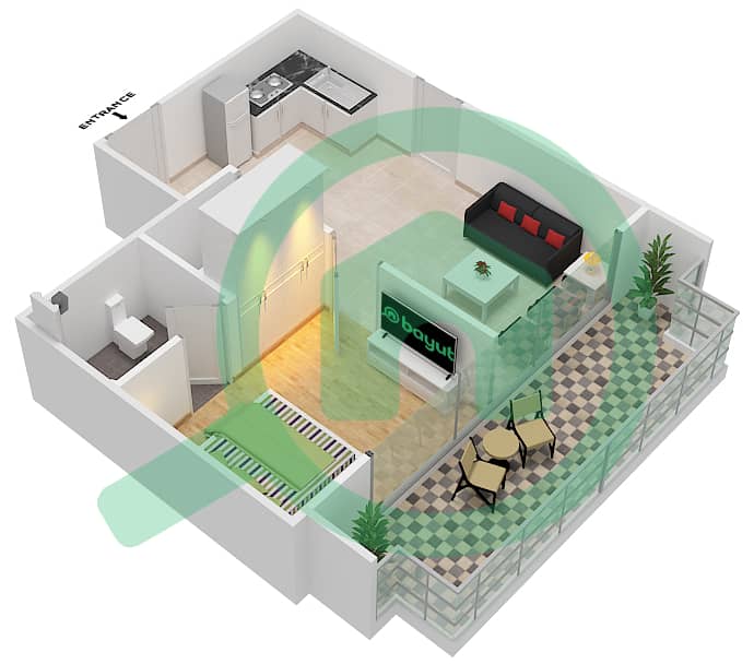 المخططات الطابقية لتصميم النموذج D شقة 1 غرفة نوم - دوسيت برنسيس ريجاس interactive3D
