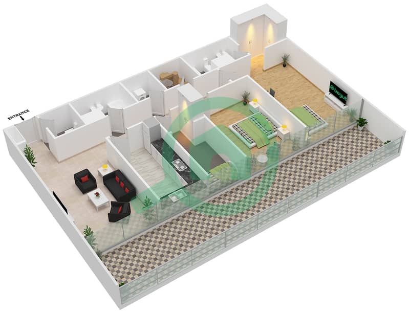 المخططات الطابقية لتصميم النموذج C شقة 2 غرفة نوم - شيماء بريمو Lower Floor interactive3D
