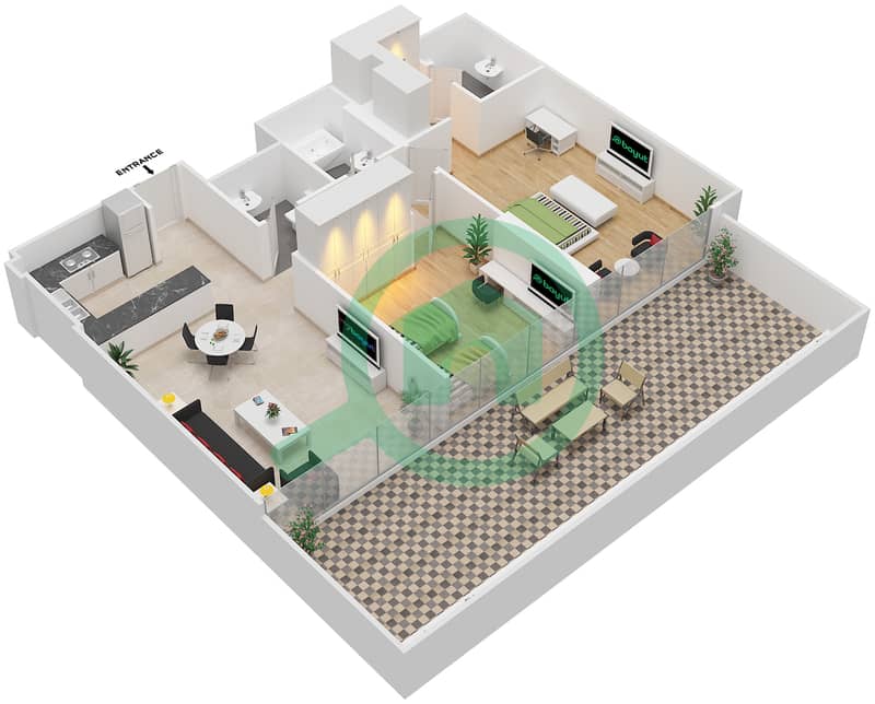 المخططات الطابقية لتصميم الوحدة 14 FIRST FLOOR شقة 2 غرفة نوم - شايستا عزيزي First Floor interactive3D