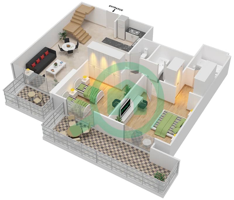 Шаиста Азизи - Апартамент 2 Cпальни планировка Единица измерения 07 12TH & 13TH FLOOR interactive3D