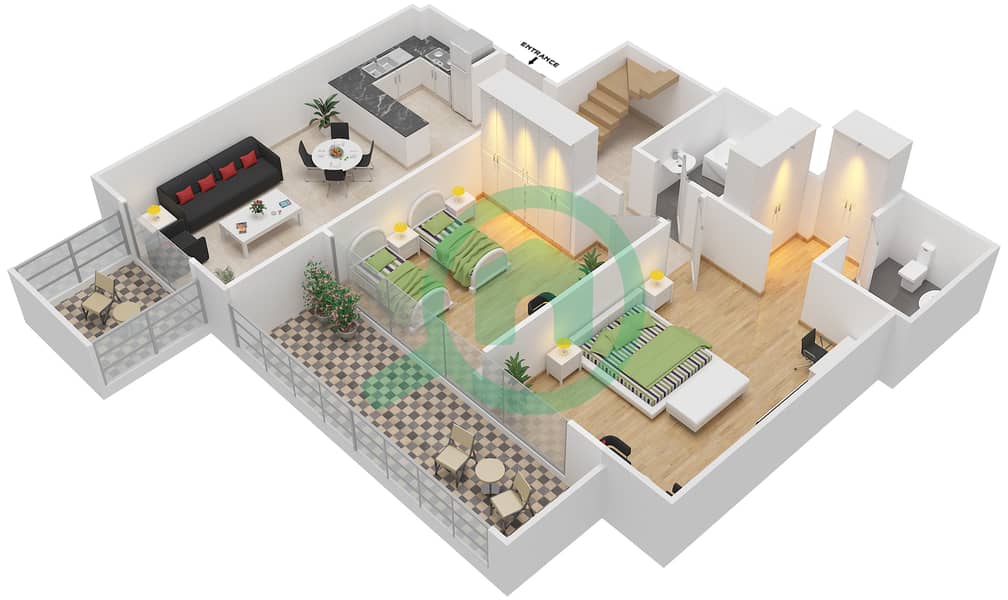 المخططات الطابقية لتصميم الوحدة 15 12TH & 13TH FLOOR شقة 2 غرفة نوم - شايستا عزيزي interactive3D