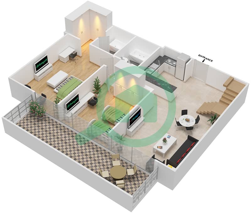 المخططات الطابقية لتصميم الوحدة 16 12TH & 13TH FLOOR شقة 2 غرفة نوم - شايستا عزيزي interactive3D