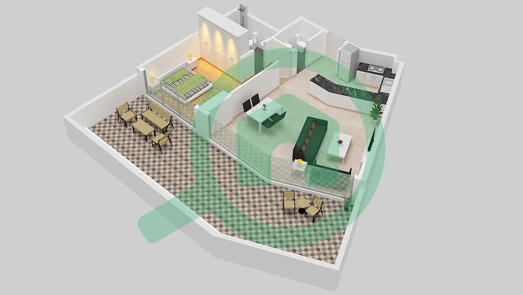 المخططات الطابقية لتصميم النموذج 2A شقة 1 غرفة نوم - عزيزي فواد ريزيدنس 1st Floor interactive3D