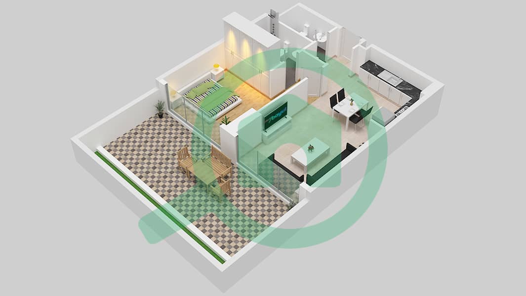 المخططات الطابقية لتصميم النموذج 3A شقة 1 غرفة نوم - عزيزي فواد ريزيدنس 1st Floor interactive3D