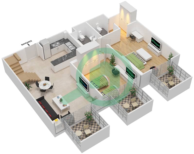 Shaista Azizi - 2 Bedroom Apartment Unit 13 12TH & 13TH FLOOR Floor plan interactive3D