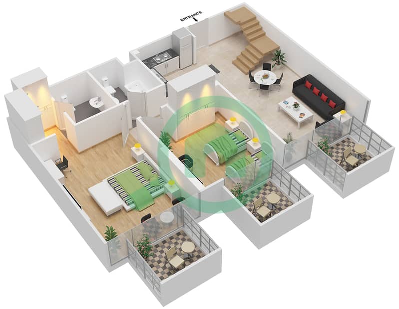 المخططات الطابقية لتصميم الوحدة 12 12TH & 13TH FLOOR شقة 2 غرفة نوم - شايستا عزيزي interactive3D