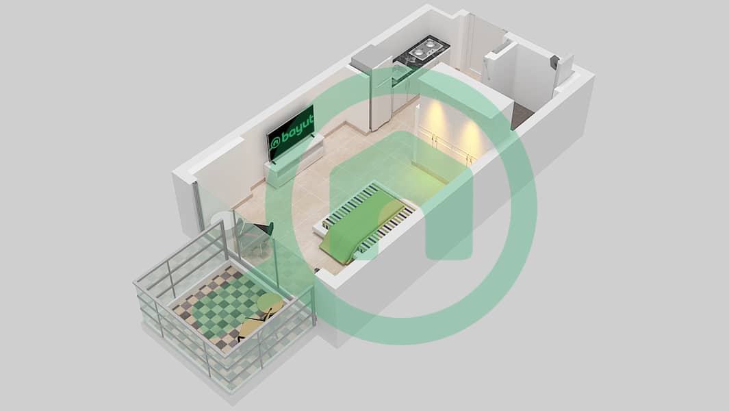المخططات الطابقية لتصميم النموذج 1B شقة استوديو - عزيزي فواد ريزيدنس 2nd-17th Floor interactive3D