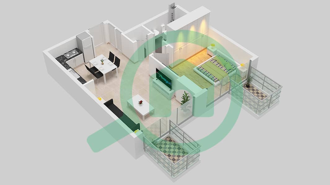 المخططات الطابقية لتصميم النموذج 1B شقة 1 غرفة نوم - عزيزي فواد ريزيدنس 2nd-17th Floor interactive3D
