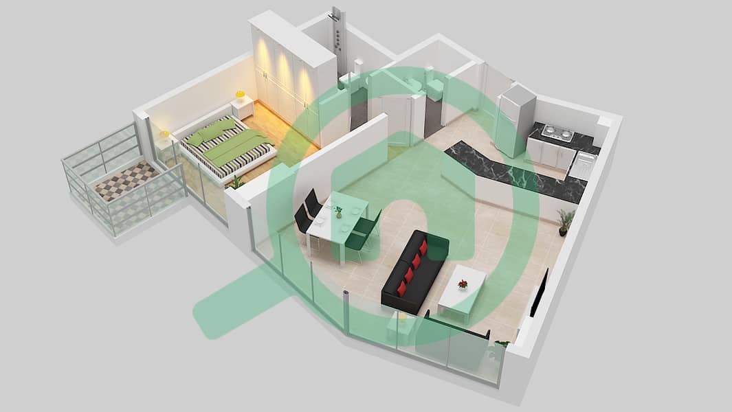 Azizi Fawad Residence - 1 Bedroom Apartment Type 2B Floor plan 2nd-17th Floor interactive3D