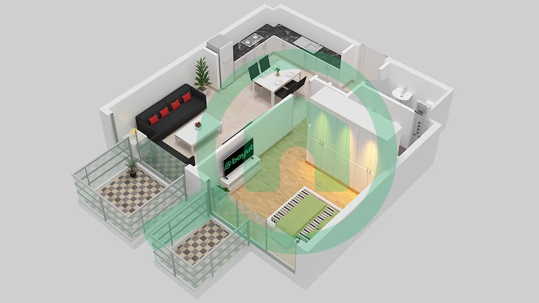 المخططات الطابقية لتصميم النموذج 3B شقة 1 غرفة نوم - عزيزي فواد ريزيدنس 2nd-17th Floor interactive3D