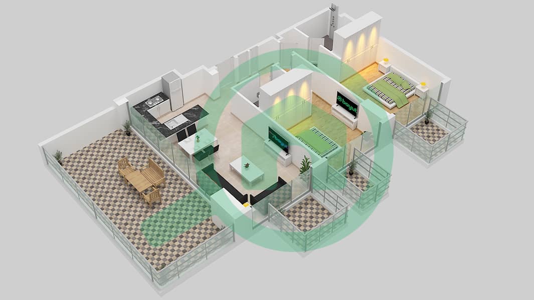 المخططات الطابقية لتصميم النموذج 2B شقة 2 غرفة نوم - عزيزي فواد ريزيدنس 13th-15 Floor interactive3D