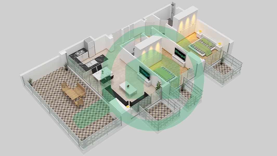 المخططات الطابقية لتصميم النموذج 2B شقة 2 غرفة نوم - كريك فيوز 2 من عزيزي (عزيزي فواد ريزيدنس) 13th-15 Floor interactive3D