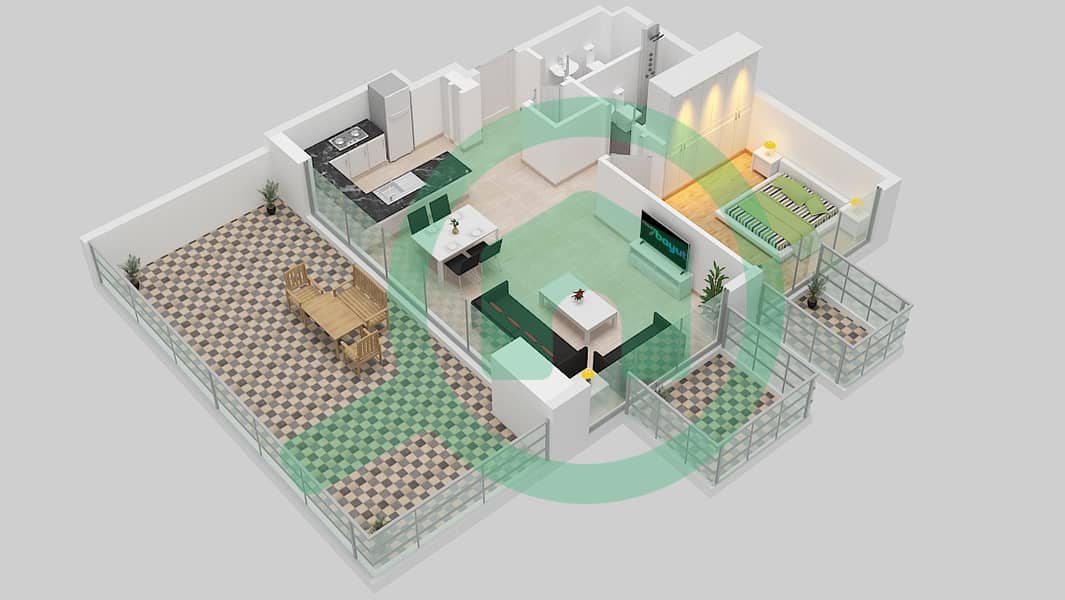 المخططات الطابقية لتصميم النموذج 8B شقة 1 غرفة نوم - عزيزي فواد ريزيدنس 13th-15 Floor interactive3D