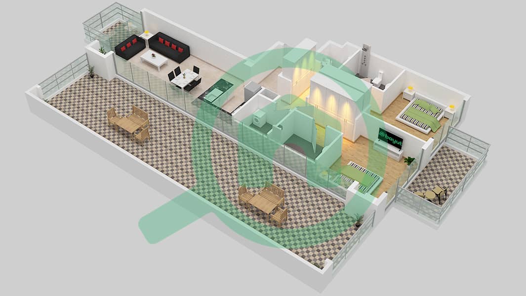 المخططات الطابقية لتصميم النموذج 3B شقة 2 غرفة نوم - عزيزي فواد ريزيدنس 13th-15 Floor interactive3D