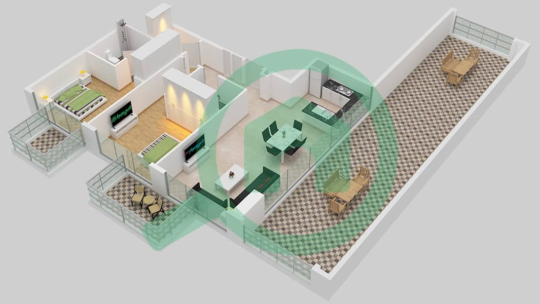 المخططات الطابقية لتصميم النموذج 4B شقة 2 غرفة نوم - عزيزي فواد ريزيدنس 17th Floor interactive3D