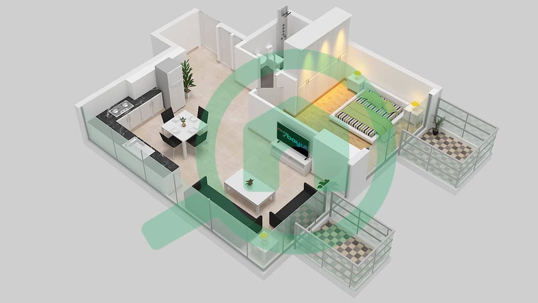 المخططات الطابقية لتصميم النموذج 7 B شقة 1 غرفة نوم - عزيزي فواد ريزيدنس 2nd-17th Floor interactive3D