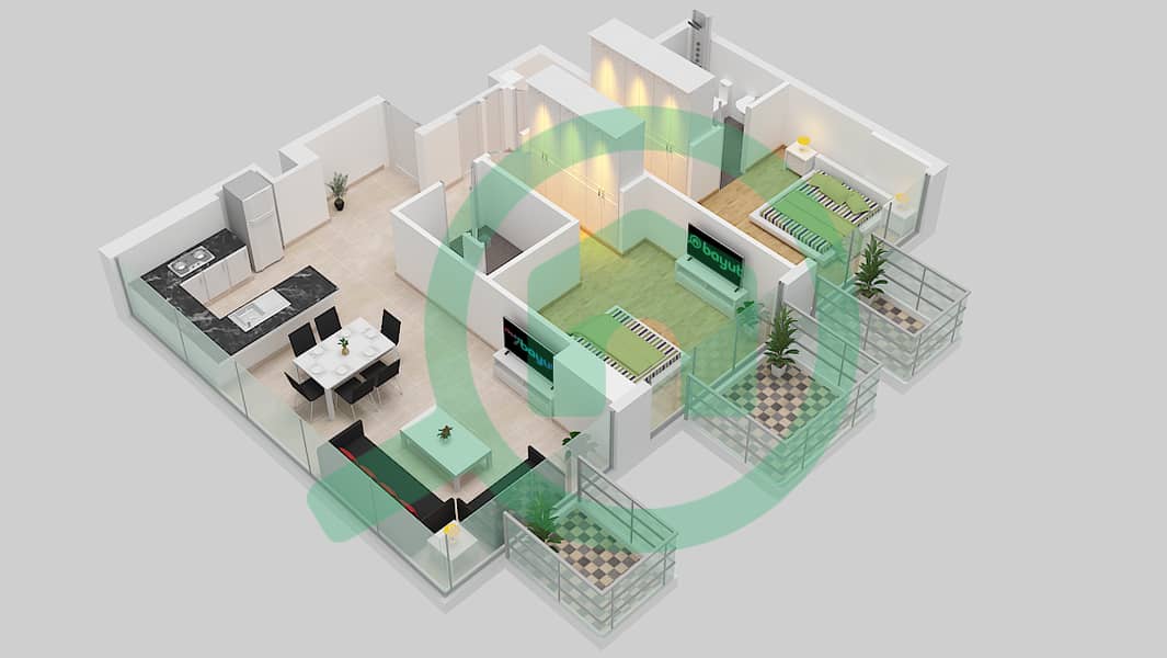 المخططات الطابقية لتصميم النموذج 1B شقة 2 غرفة نوم - عزيزي فواد ريزيدنس 3rd-12th Floor interactive3D