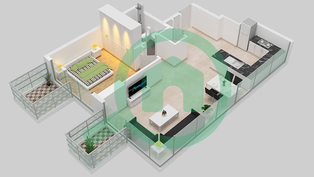 المخططات الطابقية لتصميم النموذج 6B شقة 1 غرفة نوم - عزيزي فواد ريزيدنس 2nd-17th Floor interactive3D