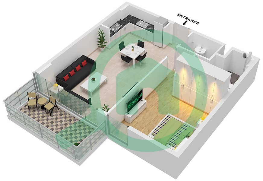 C1 - 1 Bedroom Apartment Type B Floor plan Floor 2,4,6,8,10 interactive3D
