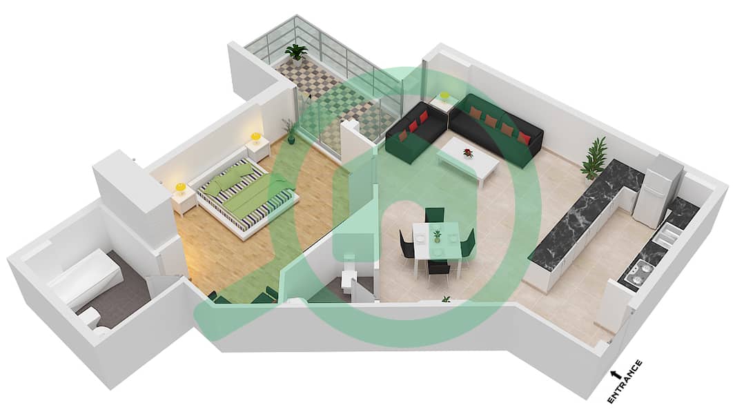 C1 - 1 Bedroom Apartment Type D Floor plan Floor 2,4,6,8,10 interactive3D
