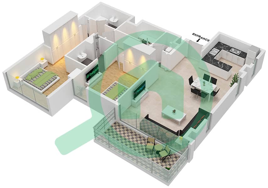 المخططات الطابقية لتصميم النموذج F شقة 2 غرفة نوم - سي 1 Floor 1,3,5,7,9,11 interactive3D