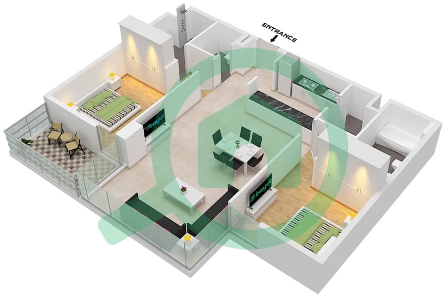 المخططات الطابقية لتصميم النموذج H شقة 2 غرفة نوم - سي 1 Floor 2,4,6,8,10 interactive3D