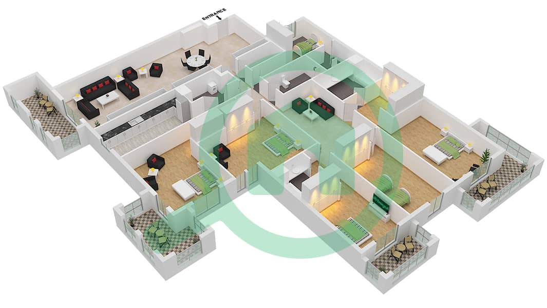 Аль-Хаил Хайтс - Апартамент 5 Cпальни планировка Тип G interactive3D