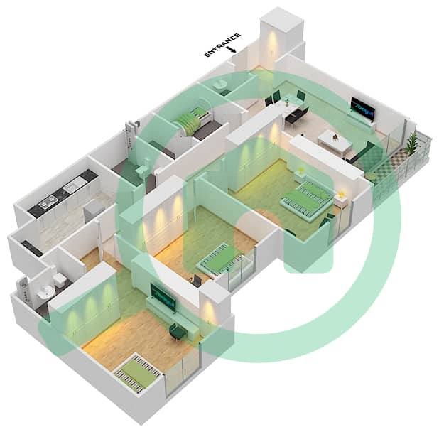 المخططات الطابقية لتصميم الوحدة 6 شقة 3 غرف نوم - برج فاميلي interactive3D
