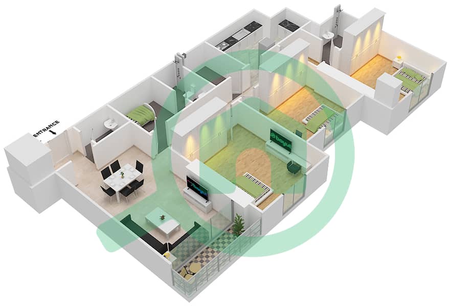 家庭大厦 - 3 卧室公寓单位4戶型图 interactive3D
