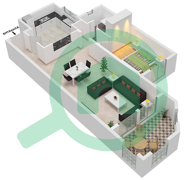 المخططات الطابقية لتصميم النموذج B شقة 1 غرفة نوم - مساكن قرطبة interactive3D