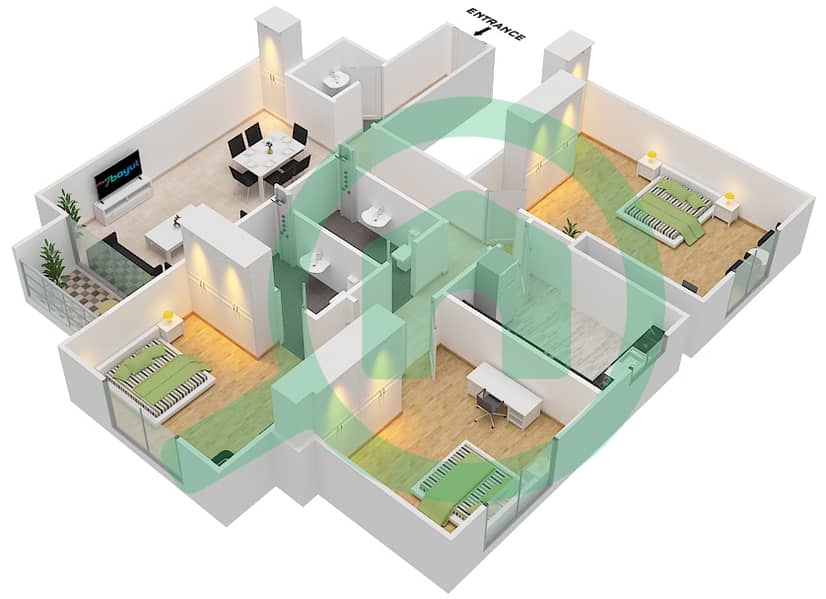 المخططات الطابقية لتصميم النموذج 3 شقة 3 غرف نوم - برج فاميلي interactive3D
