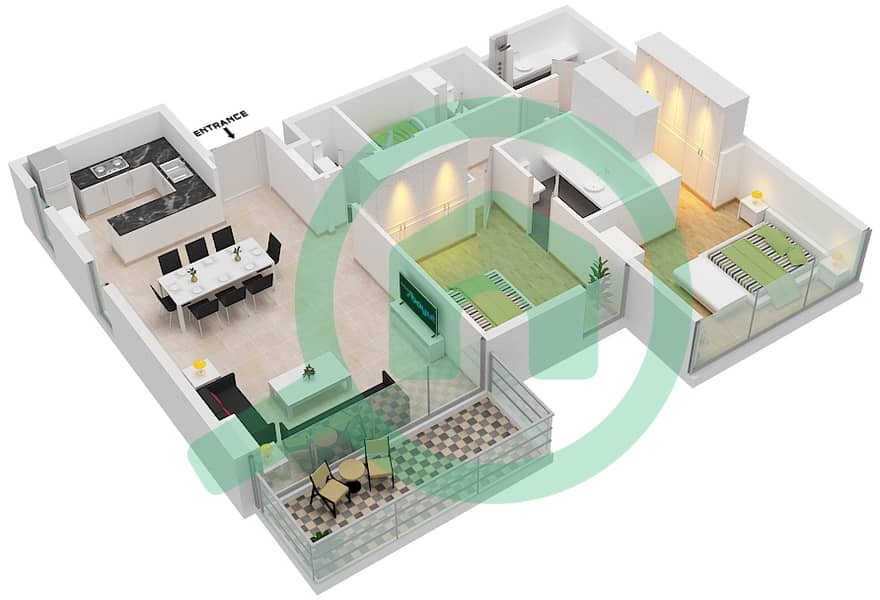 المخططات الطابقية لتصميم النموذج C شقة 2 غرفة نوم - سي2 Floor 1,3,5,7,9,11 interactive3D