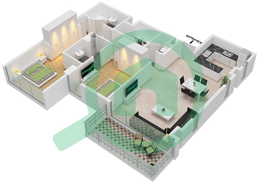 المخططات الطابقية لتصميم النموذج D شقة 2 غرفة نوم - سي2 Floor 1,3,5,7,9,11 interactive3D