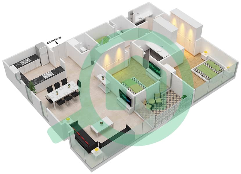 المخططات الطابقية لتصميم النموذج G شقة 2 غرفة نوم - سي2 Floor 2,4,6,8,10 interactive3D