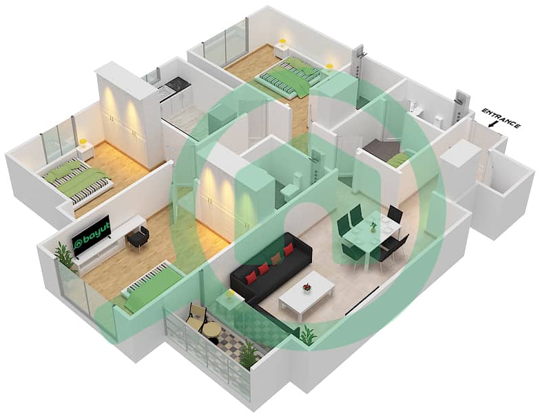 المخططات الطابقية لتصميم الوحدة 2 شقة 3 غرف نوم - برج فاميلي interactive3D