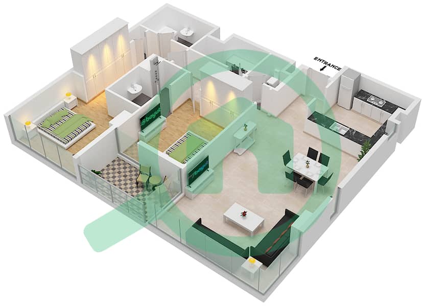 المخططات الطابقية لتصميم النموذج H شقة 2 غرفة نوم - سي2 Floor 1,3,5,7,9,11 interactive3D