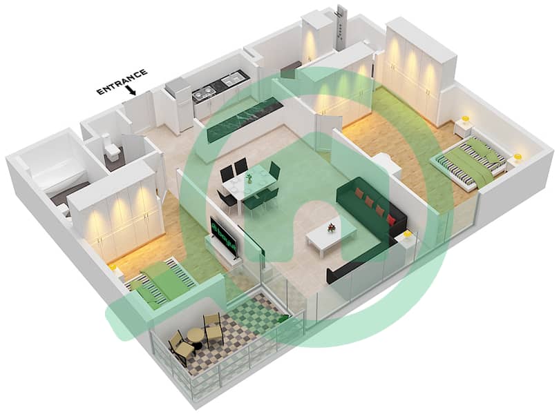 المخططات الطابقية لتصميم النموذج K شقة 2 غرفة نوم - سي2 Floor 2,4,6,8,10 interactive3D