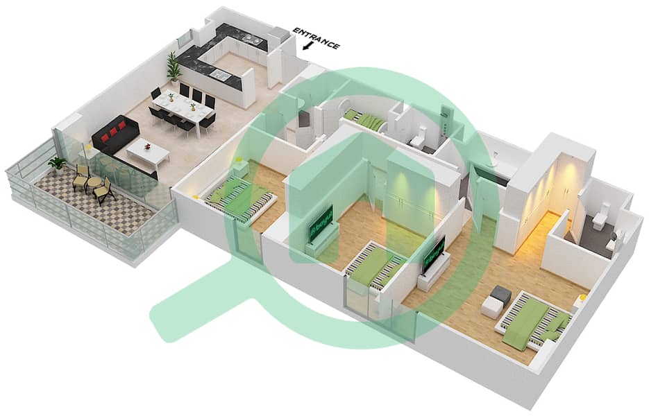 المخططات الطابقية لتصميم النموذج N شقة 3 غرف نوم - سي2 Floor 1-11Floor 1-11 interactive3D