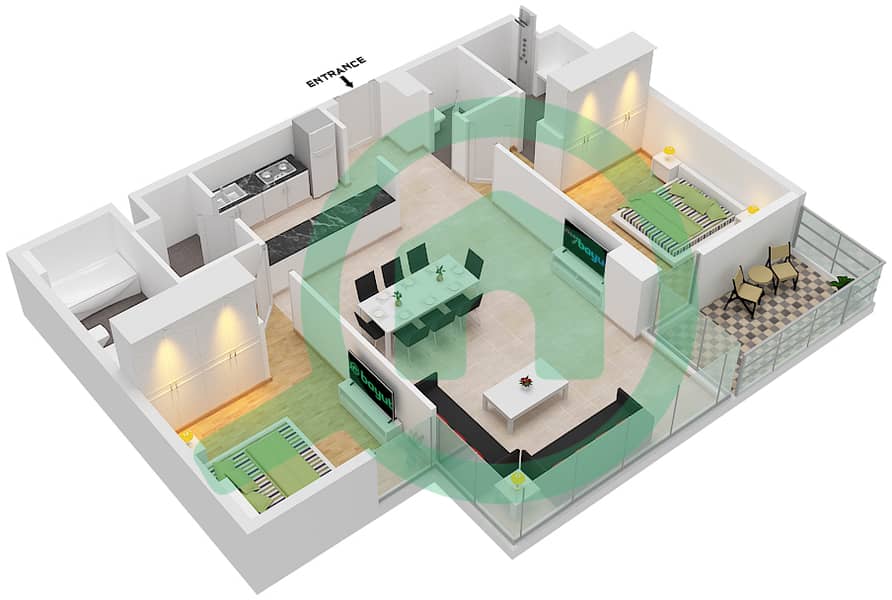 المخططات الطابقية لتصميم النموذج J شقة 2 غرفة نوم - سي2 Floor 1,3,5,7,9,11 interactive3D