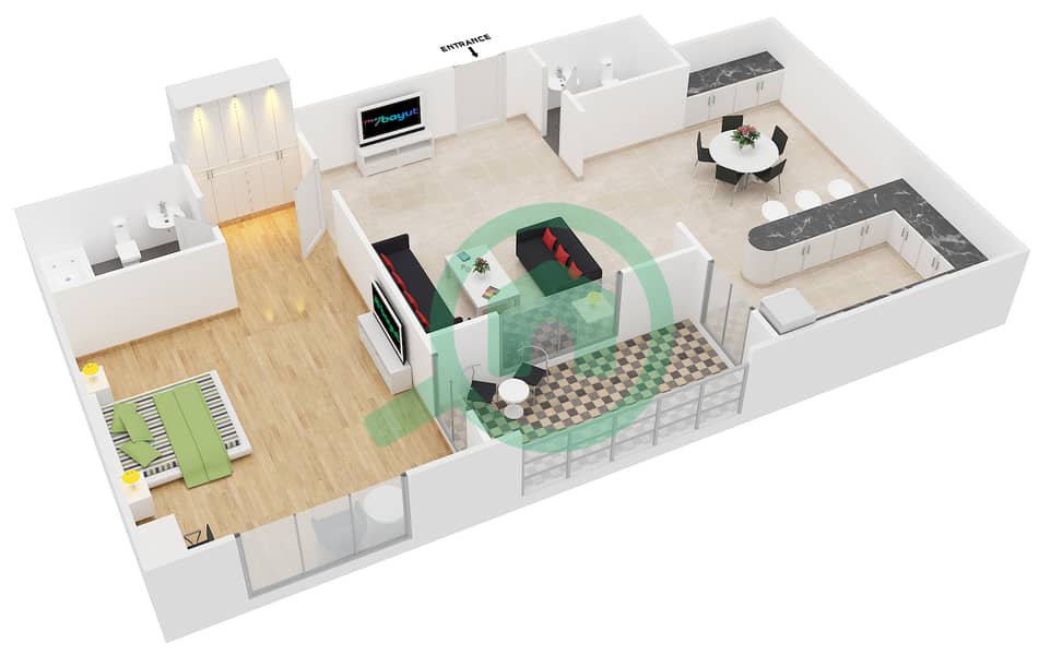 阿联酋花园 - 1 卧室公寓类型3戶型图 interactive3D