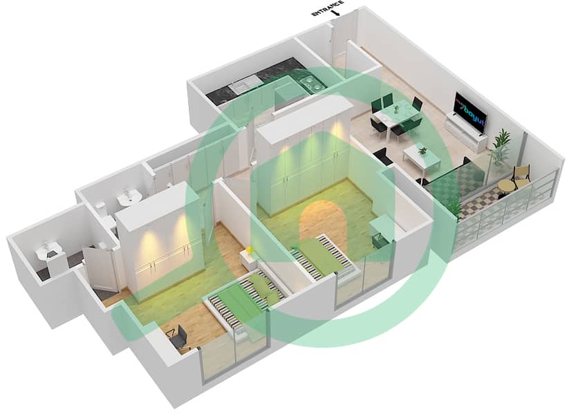 المخططات الطابقية لتصميم الوحدة 1 شقة 2 غرفة نوم - برج فاميلي interactive3D