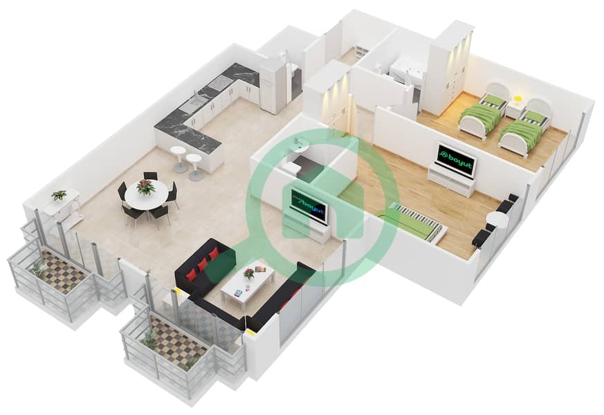 阿联酋花园2住宅综合体 - 2 卧室公寓类型4戶型图 interactive3D