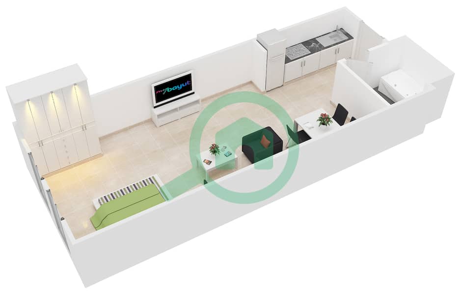 المخططات الطابقية لتصميم النموذج 1 شقة استوديو - حدائق الإمارات 2 interactive3D