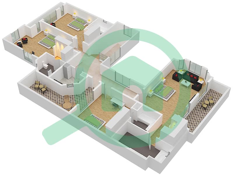 المخططات الطابقية لتصميم النموذج C شقة 4 غرف نوم - مساكن قرطبة interactive3D