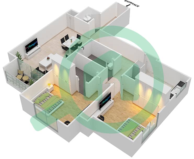 المخططات الطابقية لتصميم الوحدة 3 شقة 2 غرفة نوم - برج فاميلي interactive3D