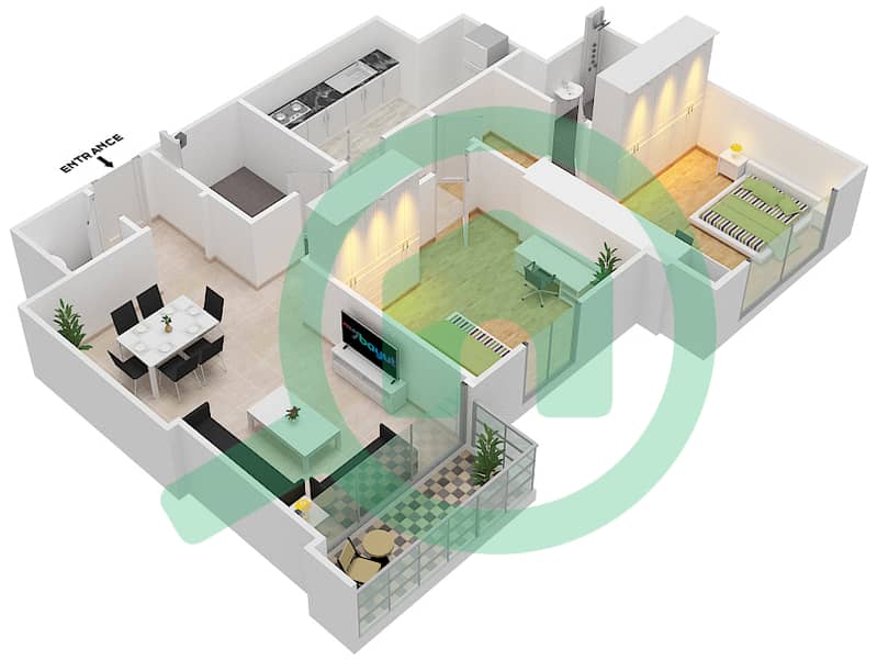 المخططات الطابقية لتصميم الوحدة 5 شقة 2 غرفة نوم - برج فاميلي interactive3D