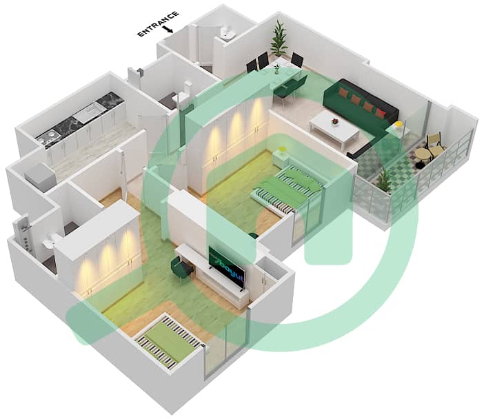المخططات الطابقية لتصميم الوحدة 8 شقة 2 غرفة نوم - برج فاميلي interactive3D